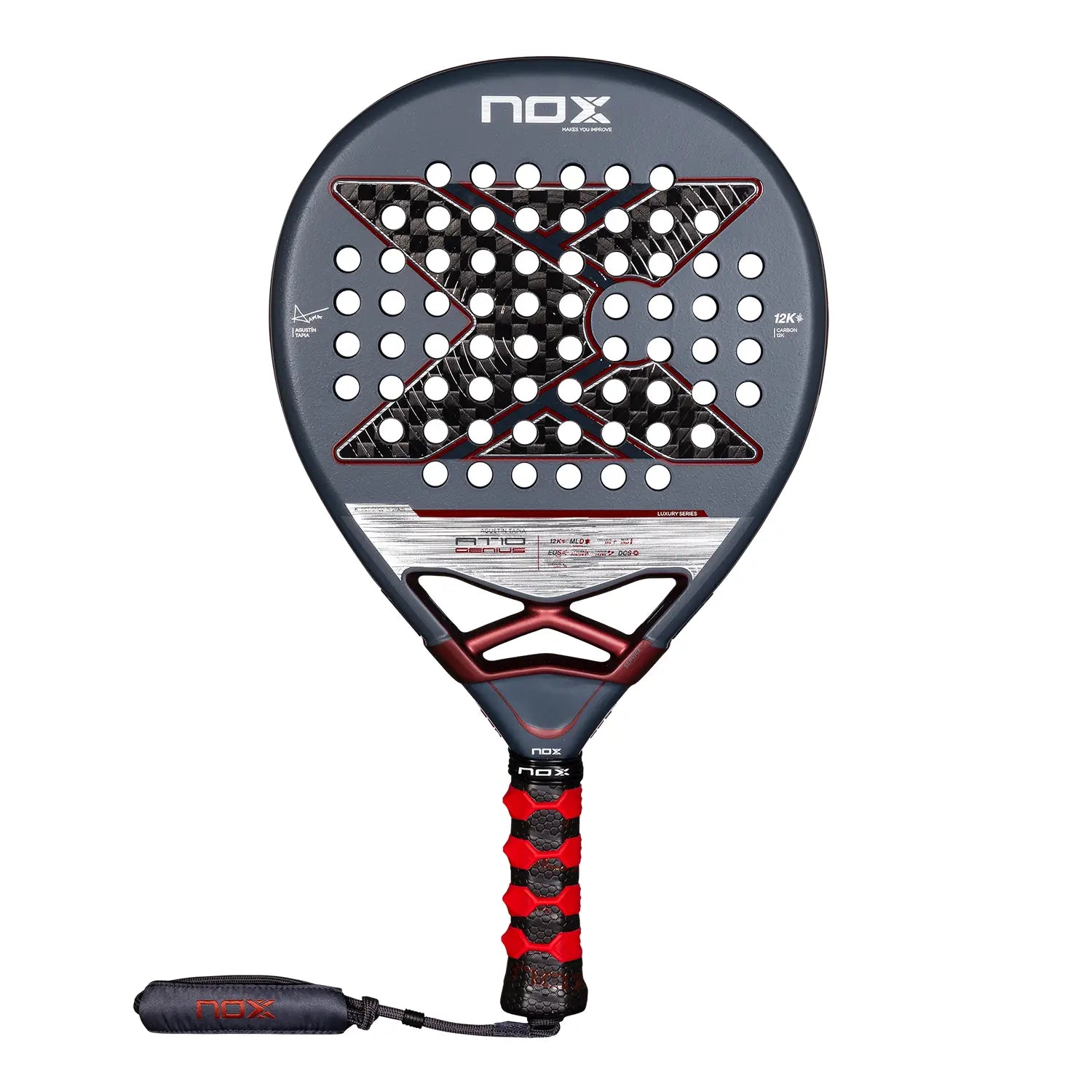NOX AT10 Genius 12K by Agustin Tapia 2025 padelio raketė - priekinis vaizdas su 12K anglies pluoštu ir lašo forma
