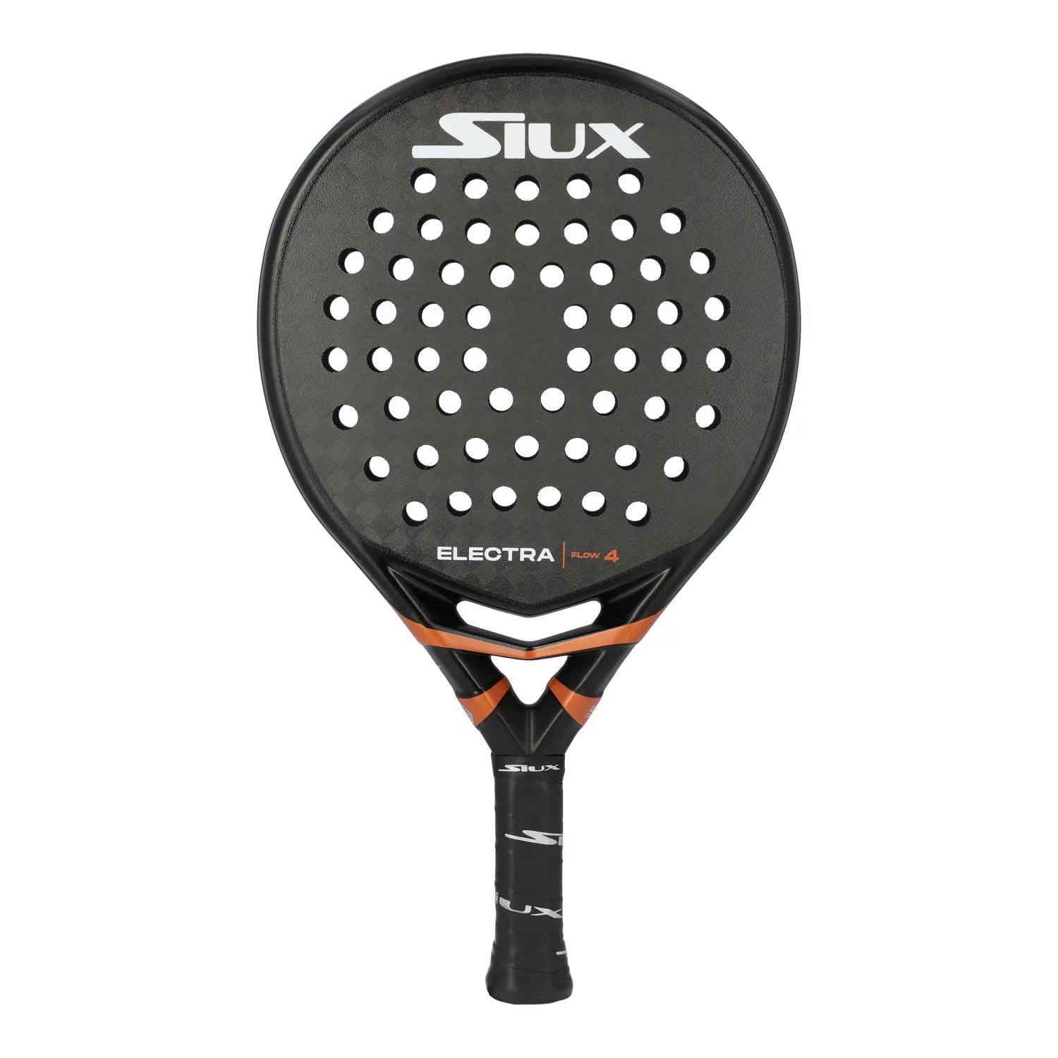 Siux Electra Flow 4 padel racket full face front view black and orange design