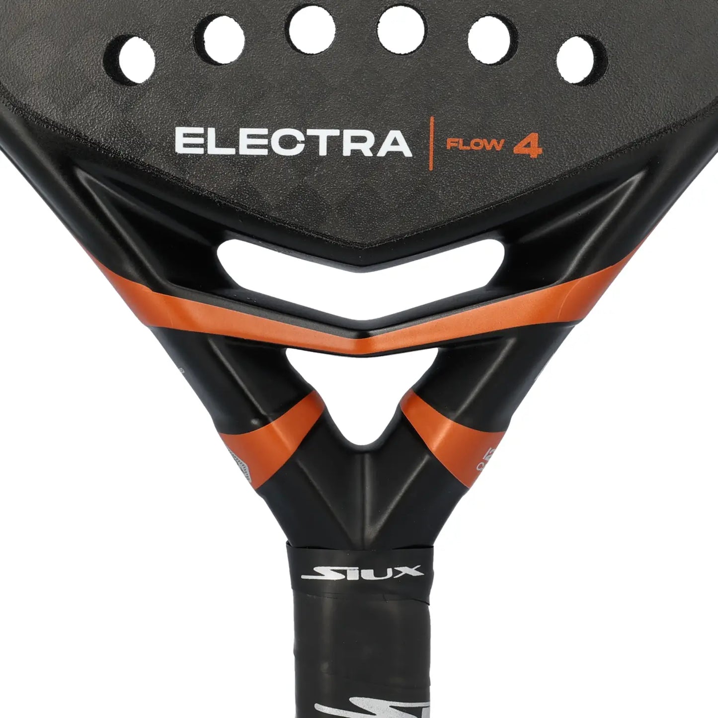 Detail of Siux Electra Flow 4 racket neck and brand logo