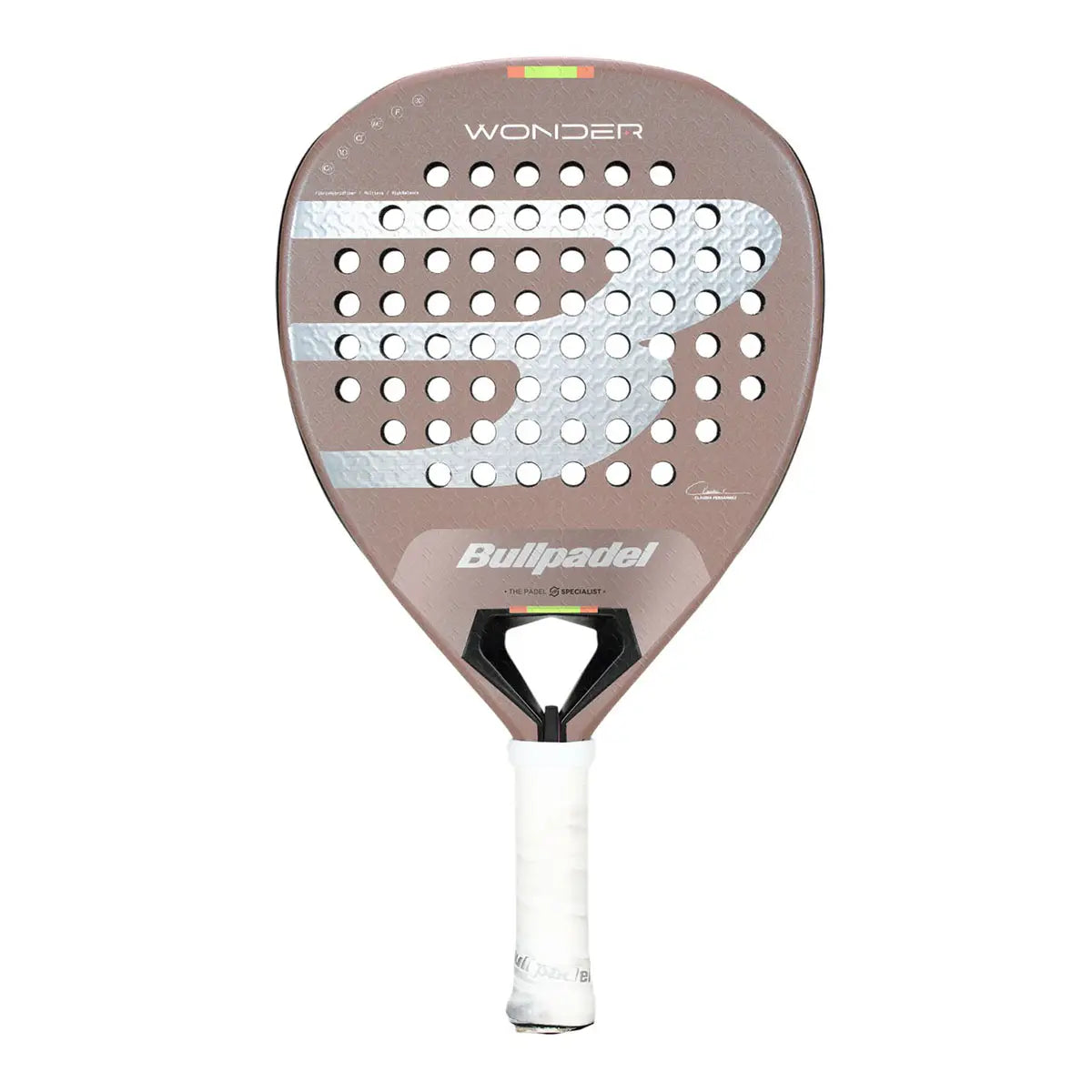 Bullpadel Wonder 2026 padelio raketė - priekinis vaizdas su Xtend Carbon 12K paviršiumi ir lašo forma
